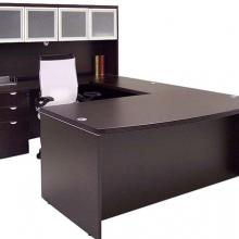 DESK SUITE THIS CONSIST OF A BOWFRONT DESK, RETURN, CREDENZA, PEDESTAL AND OVERHEAD CABINETS.